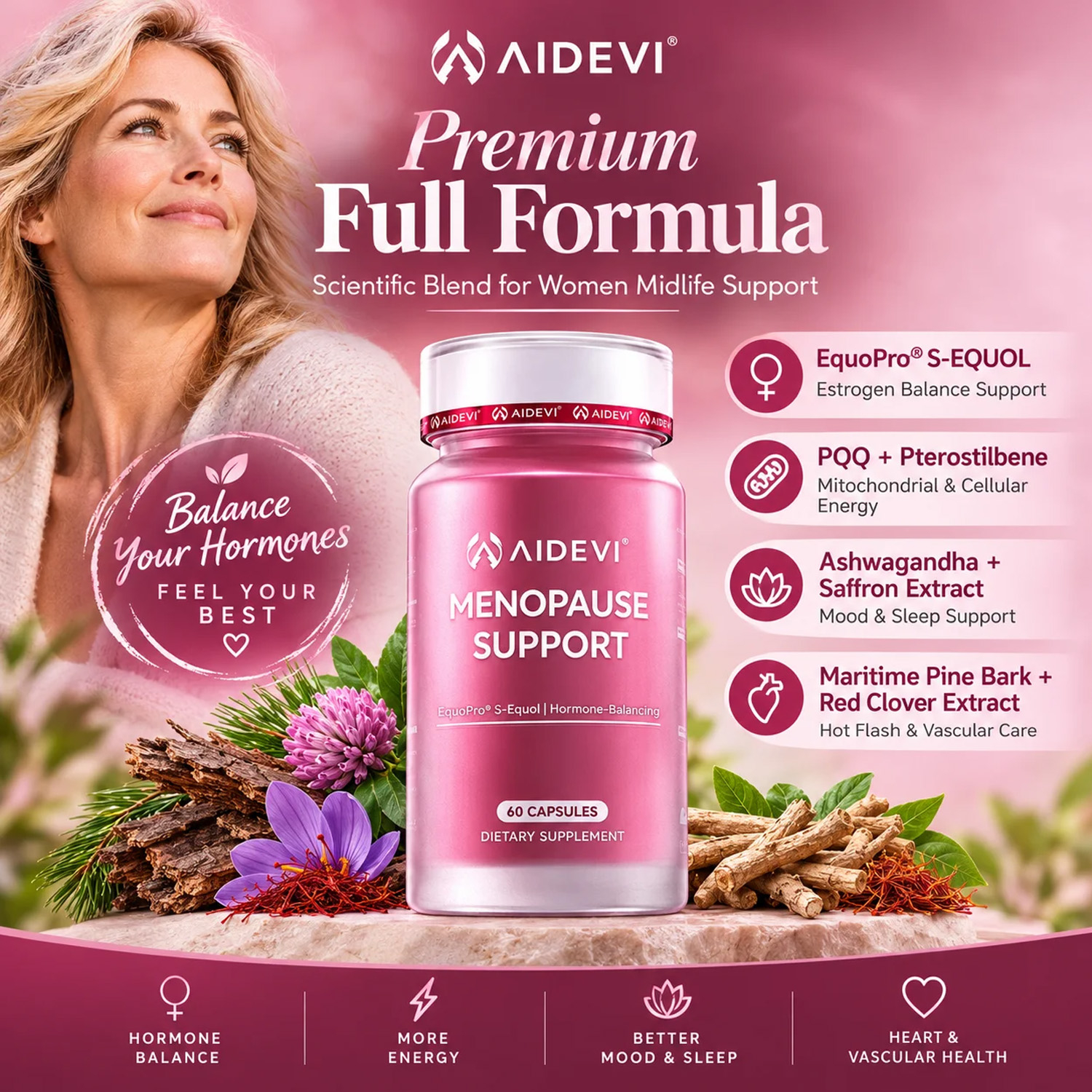 Complejo de Apoyo Menopausia AIDEVI – S-Equol y PQQ para el equilibrio hormonal y la vitalidad